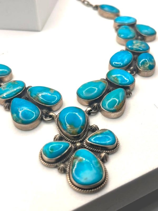 KINGMAN TURQUOISE CLUSTER STERLING SILVER PAPERCLIP STATEMENT LARIAT  25" (LR 1)