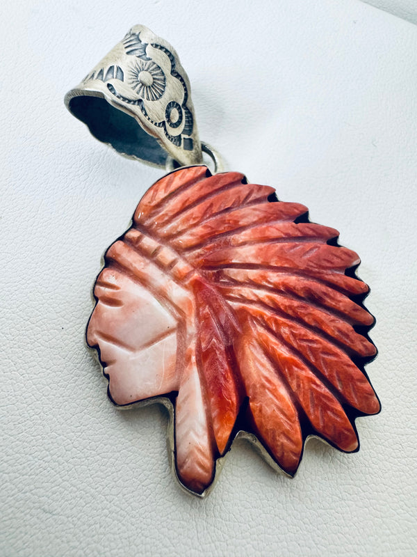 NATIVE HANDMADE RED SPINY OYSTER CHIEF PENDANT BY TONY YAZZIE (MW 362)