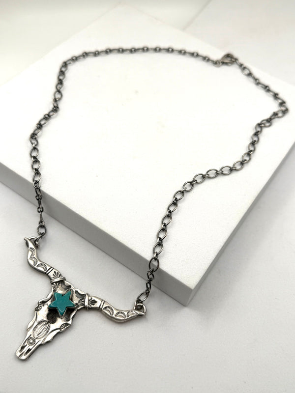 LEROY JAMES KINGMAN TURQUOISE STAR SS NATIVE HANDMADE LONGHORN NECKLACE 21" (LA 23)