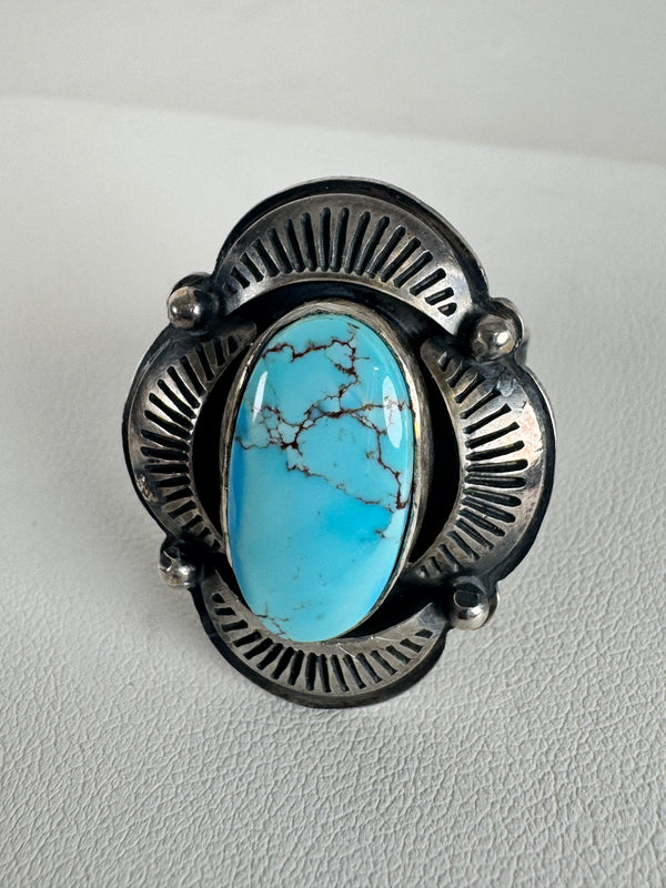 NATIVE HANDMADE GOLDEN HILLS TURQUOISE STAMPED BY JOE PIASO JR. SIZE 8 (AH 10)