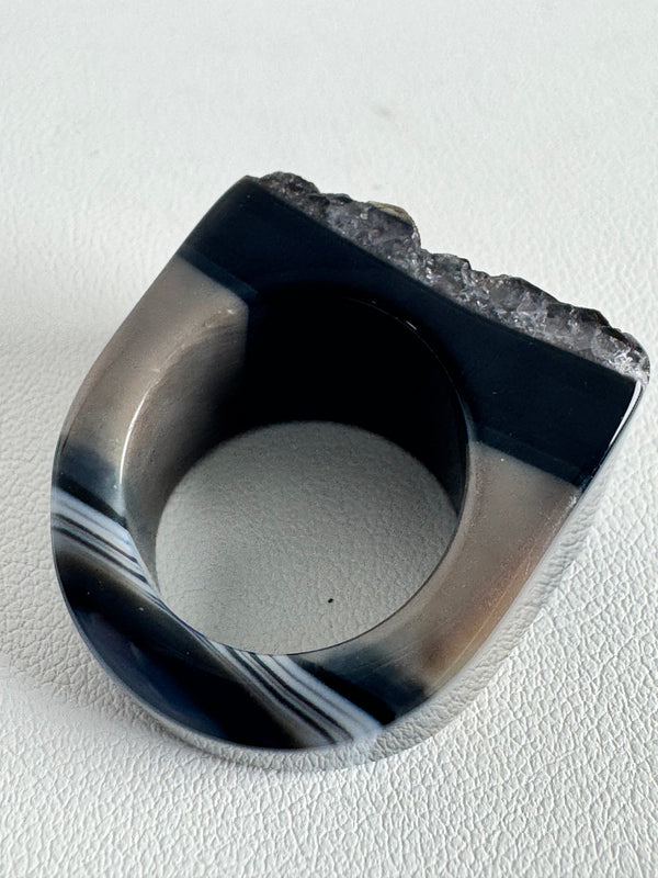 BLACK AGATE & HEMATITE GEMFIRE RING SIZE 8" (MW 314)