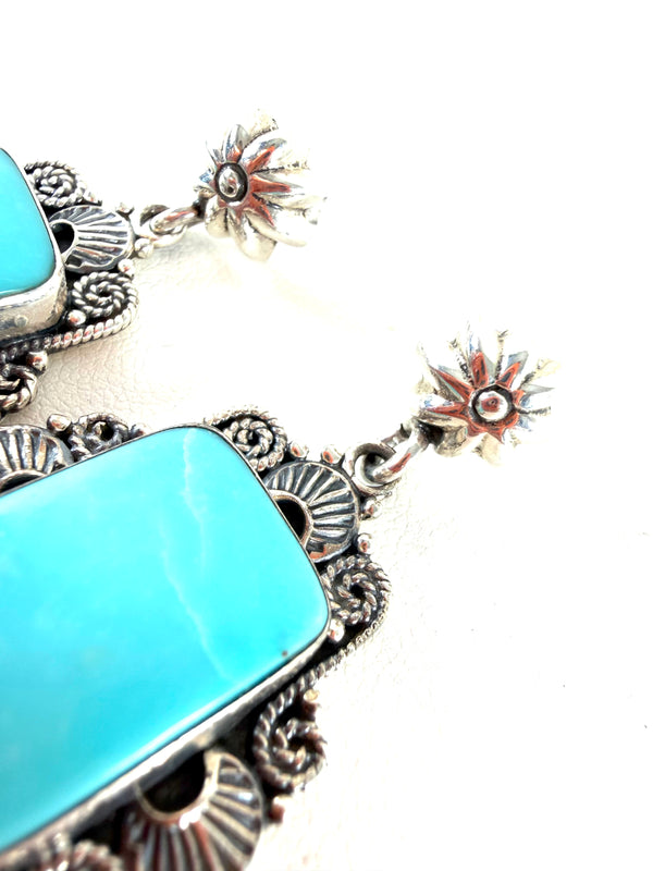KINGMAN TURQUOISE STERLING SILVER STATEMENT BAR EARRINGS 1.5" (AM 10)