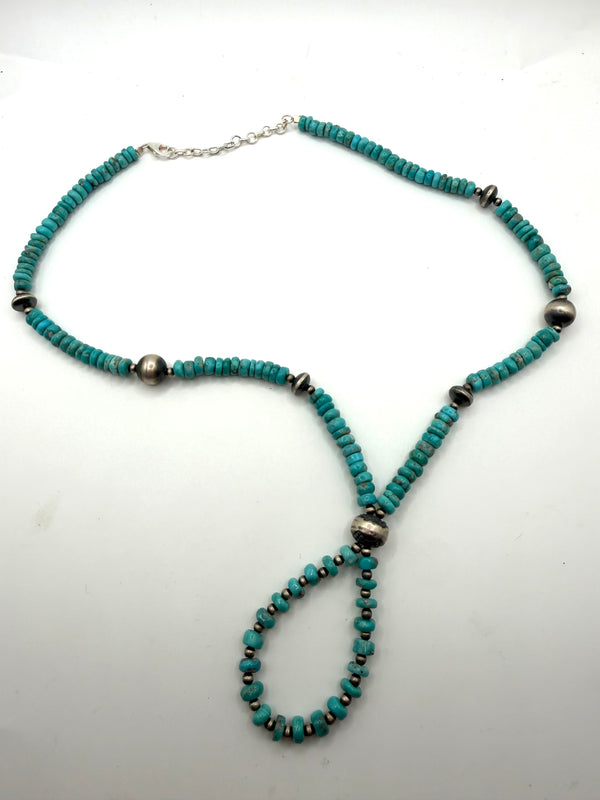 BLUE BIRD TURQUOISE & NAVAJO/SAUCER PEARLS BEADED JOCLA NECKLACE 18-20" (LL 8)