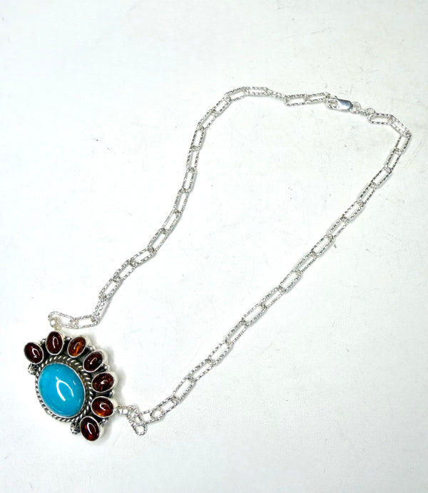 NATIVE HANDADE BALTIC AMBER AND KINGMAN HALF CLUSTER PAPERCLIP NECKLACE BY TONY YAZZIE 17" (JR 51)