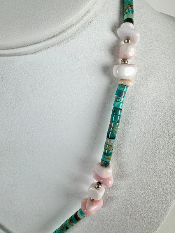 ROYSTON TURQUOISE & PINK CONCH BEADS STATEMENT NECKLACE 18" (MM 1)