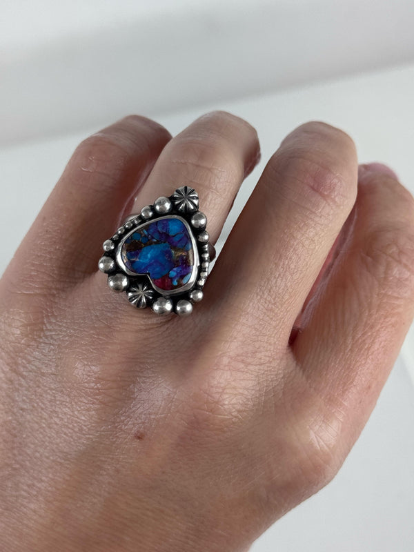 NATIVE HANDMADE PURPLE DAHLIA HEART RING SIZE 6 BY JASON OGG (RB 77)