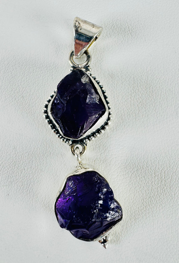 ROUGH AMETHYST DOUBLE DANGLE STERLING SILVER PENDANT (PW 12)