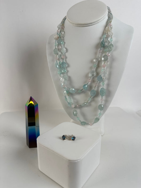 BOX 7 - TRIPLE LAYERED ROSE QUARTZ, AQUAMARINE AND CRYSTAL QUARTZ NECKLACE 20", RAINBOW TITANIUM POINTER, LONDON BLUE TOPAZ STUDS