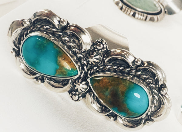 NATIVE HANDMADE SONORAN GOLD TURQUOISE ADJUSTABLE HOURGLASS RING BY LARRY KAYE