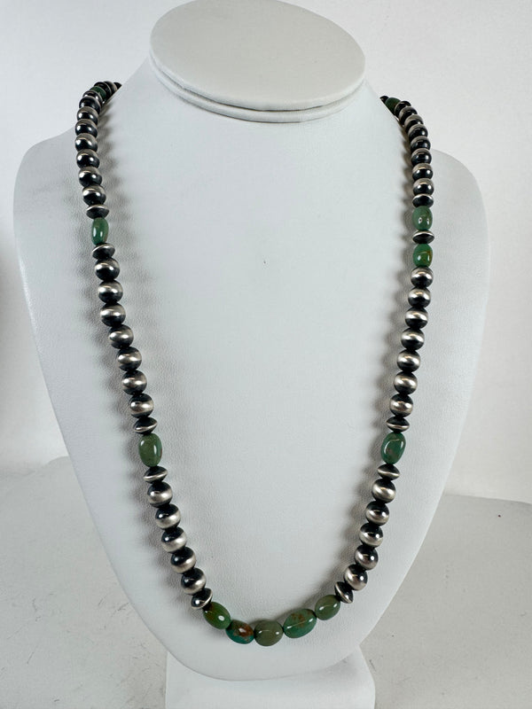 NATIVE HANDMADE 8MM NAVAJO & SAUCER PEARLS ROYSTON TURQUOISE BEADED NECKLACE 26" ELEGANT S-HOOK CLASP (LB 7)