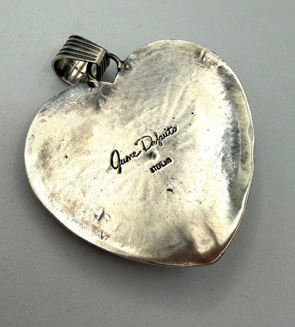 JUNE DELGARITO LANDER BLUE TURQUOISE SS HEART NATIVE HANDMADE PENDANT 2.5" (NP 24)