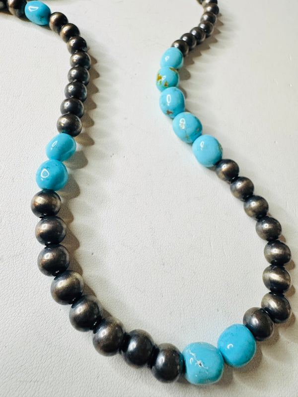 8MM NAVAJO PEARLS KINGMAN TURQUOISE 38" STATEMENT NECKLACE (MW 367)