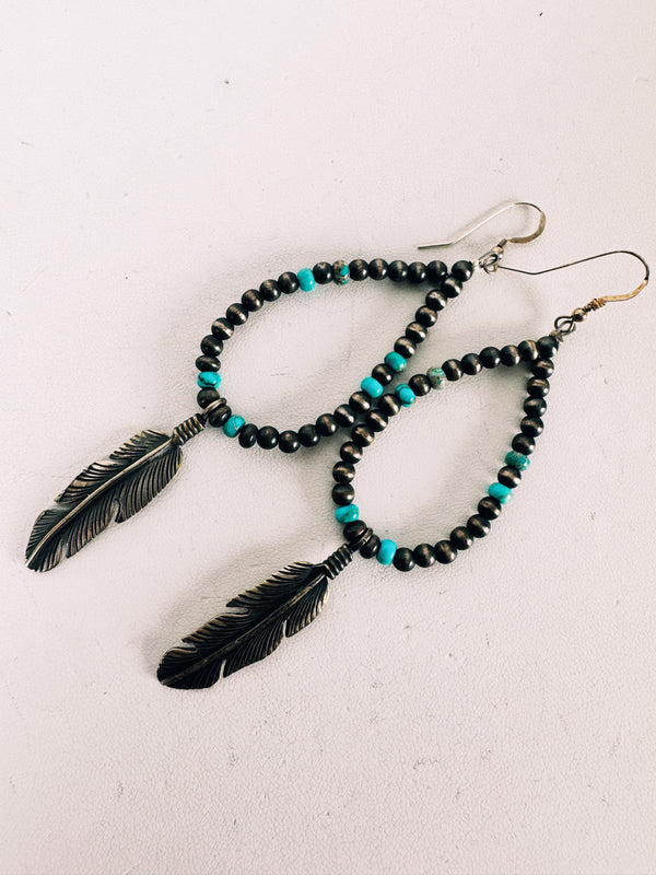 NAVAJO PEARLS & MINE 8 TURQUOISE FEATHER EARRINGS (EL 4)