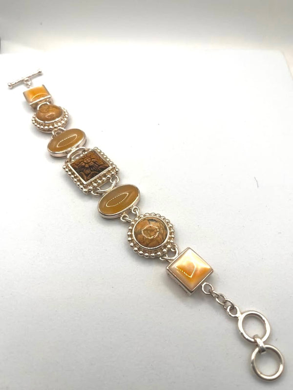STERLING SILVER MULTISTONES TOGGLE BRACELET IN MOTHER-OF-PEARL TIGER'S EYE & JASPER 7-8" (LB 27)