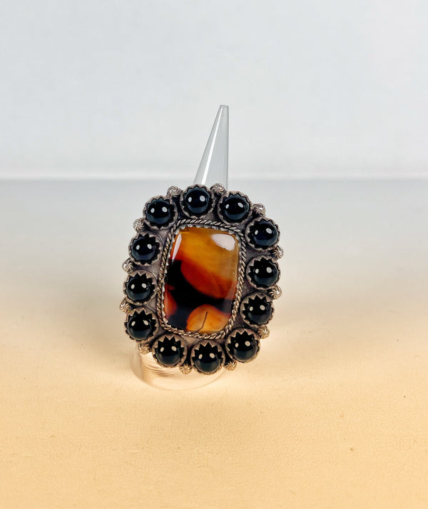 MONTANA AGATE BLACK ONYX ADJUSTABLE RING (MW 163)