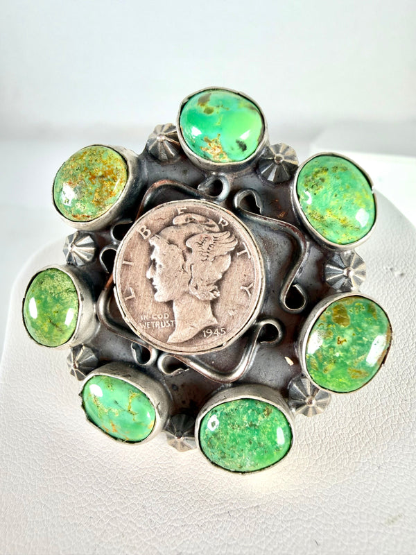 NATIVE HANDMADE SONORAN GOLD TURQUOISE SILVER COIN RING SIZE 6 SIGNED BY PHILBERT NEZ (YEAR 1945) (JR 37)