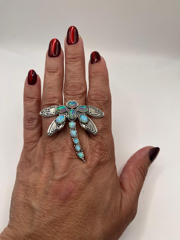 STERLING SILVER WHITE SPIDER OPAL & AUSTRALIAN OPAL ADJUSTABLE DRAGONFLY RING 8.5" (JR 103)