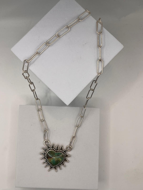 TWISTED-CHAIN ROYSTON TURQUOISE ELECTRIC HEART NECKLACE 22" (JR 100)