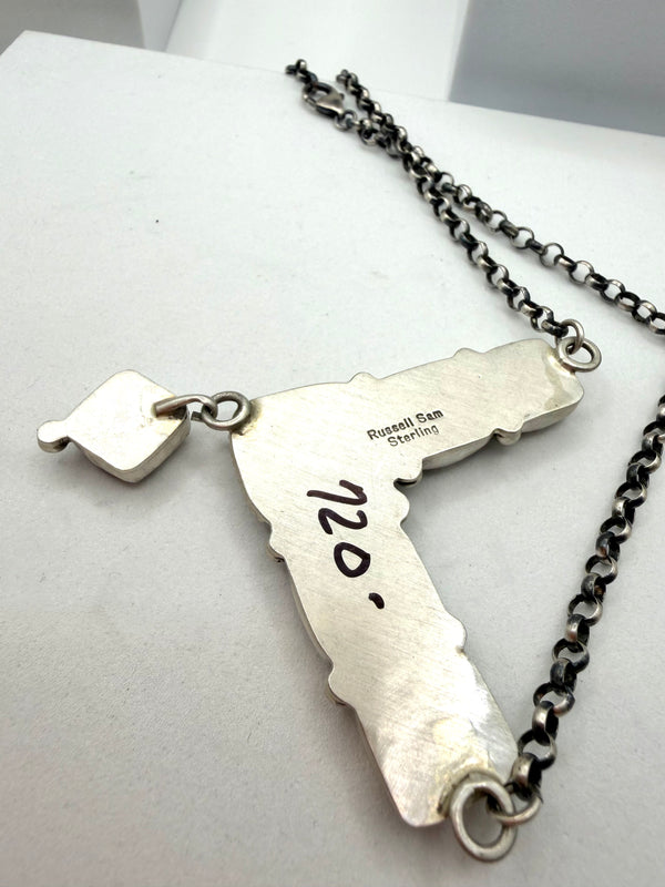 WHITE BUFFALO TURQUOISE NATIVE HANDMADE "V" DANGLE NECKLACE (UP TO 21") BY RUSSELL SAM (NP 10)