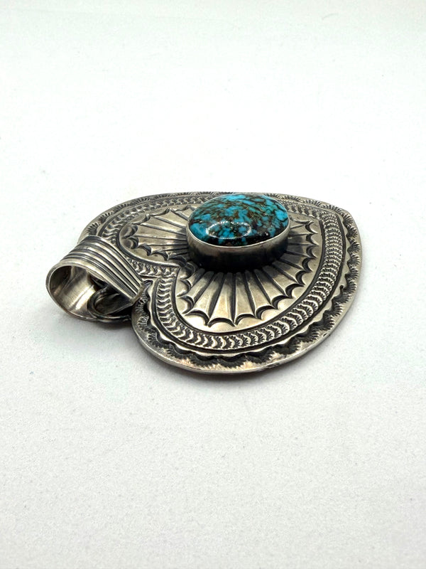 JUNE DELGARITO LANDER BLUE TURQUOISE SS HEART NATIVE HANDMADE PENDANT 2.5" (NP 24)