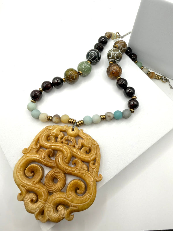 HAND CARVED JADE & MALA GARNET & AMAZONITE HARMONY NECKLACE 40" (MW 439)