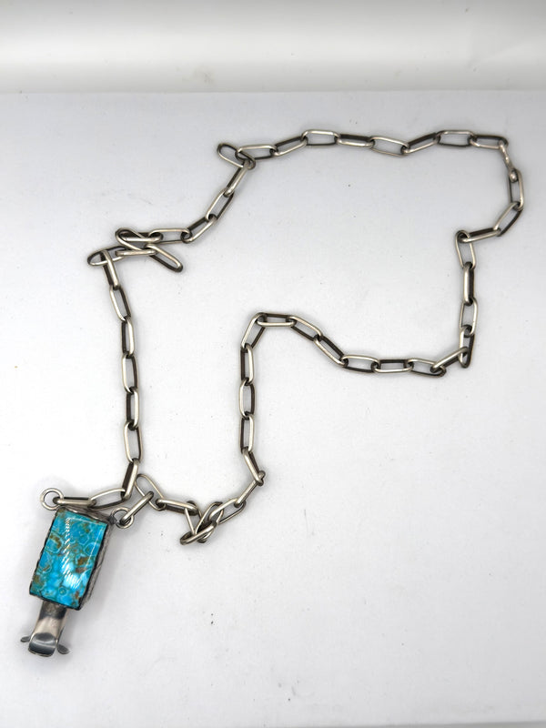 NATIVE HANDMADE LONE MOUNTAIN TURQUOISE SQUARE BLOSSOM NECKLACE BY WILBER MUSKET JR.  ADJUSTABLE 26" (NP 18)