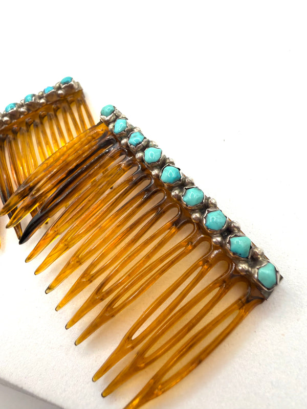 STERLING SILVER & TURQUOISE HAIR COMBS (LB 48)