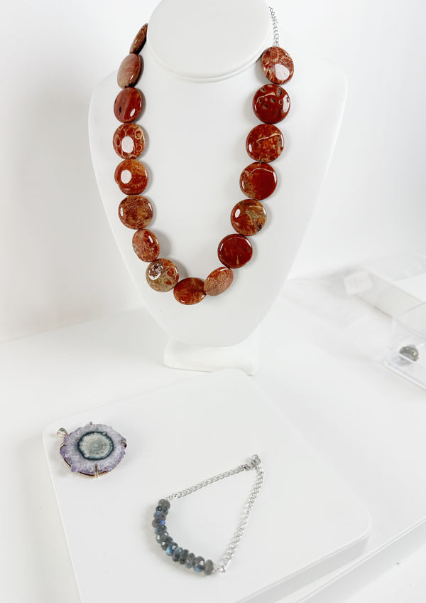 BOX 6 -  AMETHYST STALACTITE PENDANT, ADJUSTABLE LAB BRACELET, BRACCIA JASPER NECKLACE 23"