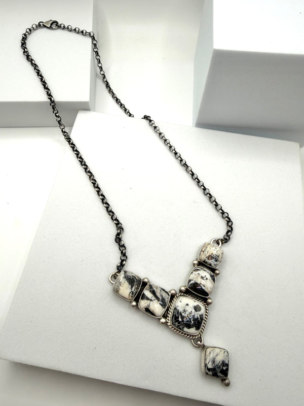 WHITE BUFFALO TURQUOISE NATIVE HANDMADE "V" DANGLE NECKLACE (UP TO 21") BY RUSSELL SAM (NP 10)