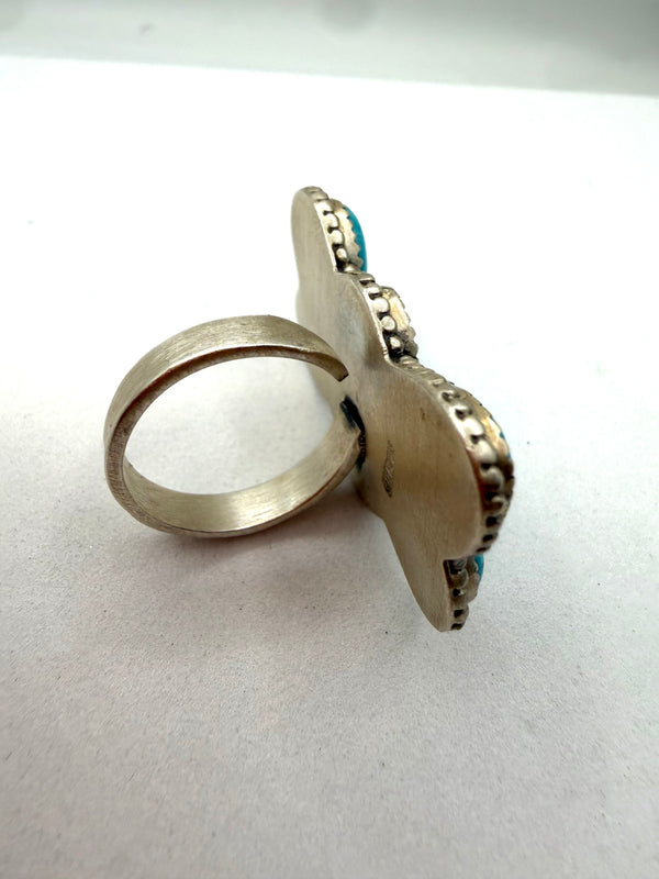 STERLING SILVER BLUE RIDGE TURQUOISE CLUSTER ADJUSTABLE RING (LR 6)