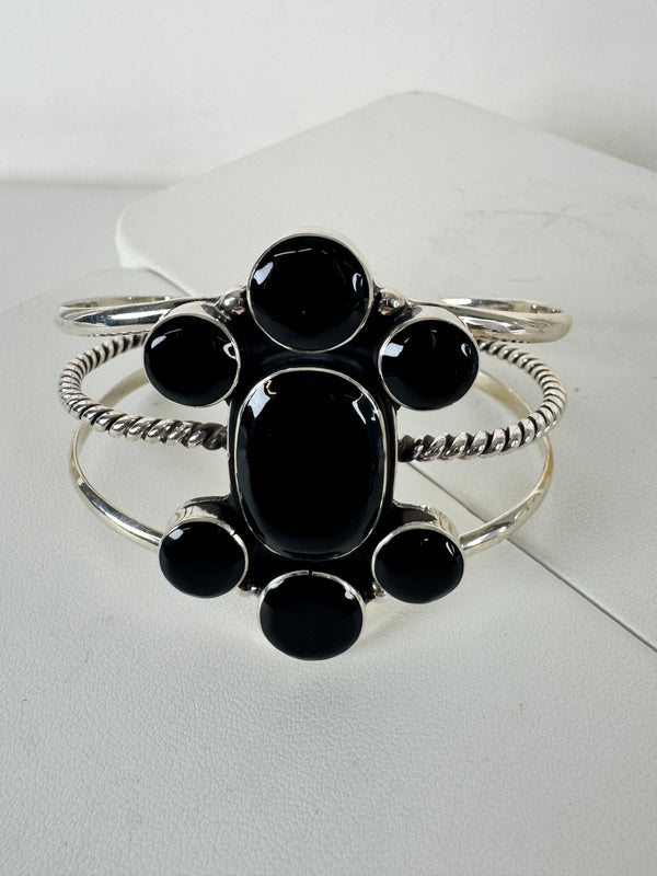 TAXCO SILVER BLACK ONYX CLUSTER ROPE DETAIL CUFF STAMPED "MEX" (JR 1)