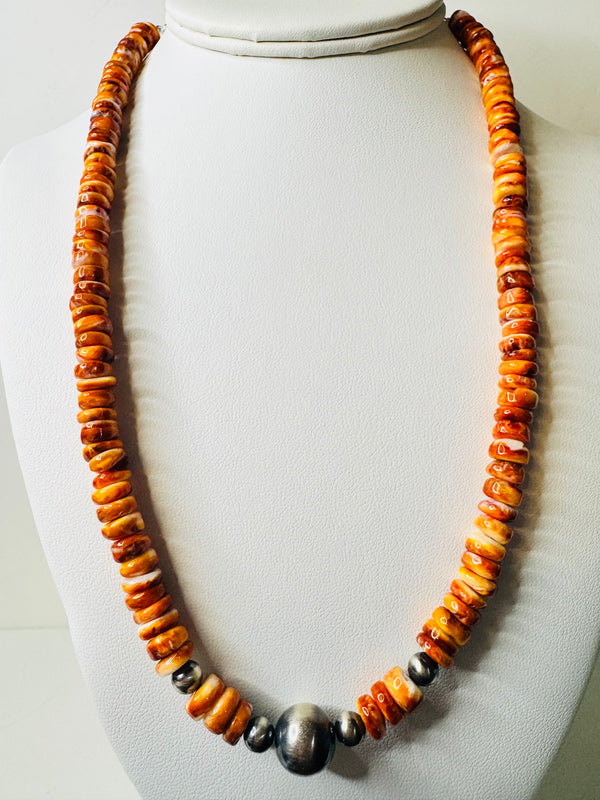 CHUNKY ORANGE SPINY OYSTER & NAVAJO PEARLS NECKLACE 18-24" (LB 14)