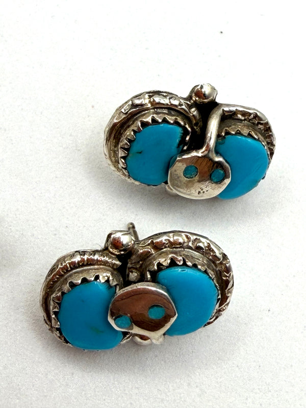 (RARE PIECE) EFFIE CALAVAZA ZUNI SLEEPING BEAUTY TURQUOISE SNAKE SQUASH BLOSSOM NECKLACE 22" & POST BACK EARRINGS NAVAJO HANDMADE SET (NP 33)