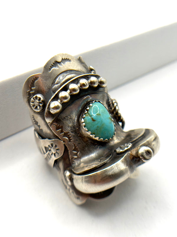 NATIVE HANDMADE LONE MOUNTAIN TURQUOISE SADDLE RING BY TIM YAZZIE SIZE 8 (NP 14)