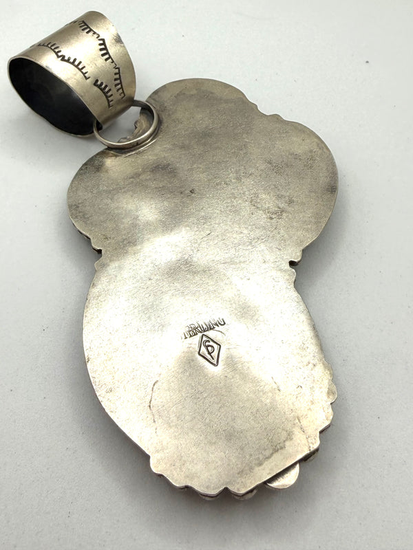 STERLING SILVER STATEMENT CACTUS PENDANT IN KINGMAN TURQUOISE & ORANGE SPINY OYSTER BY SHAY PFEIFFER (MW 458)