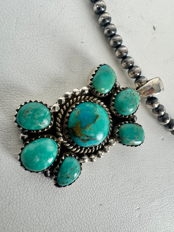NAVAJO PEARLS & KINGMAN CLUSTER NECKLACE 18" (CO 66)