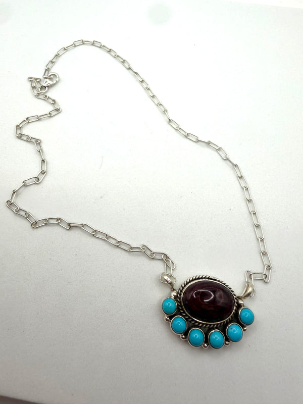 TONY YAZZIE PURPLE SPINY & SLEEPING BEAUTY TURQUOISE NATIVE HANDMADE ADJUSTABLE PAPERCLIP NECKLACE 18" (CO 124)