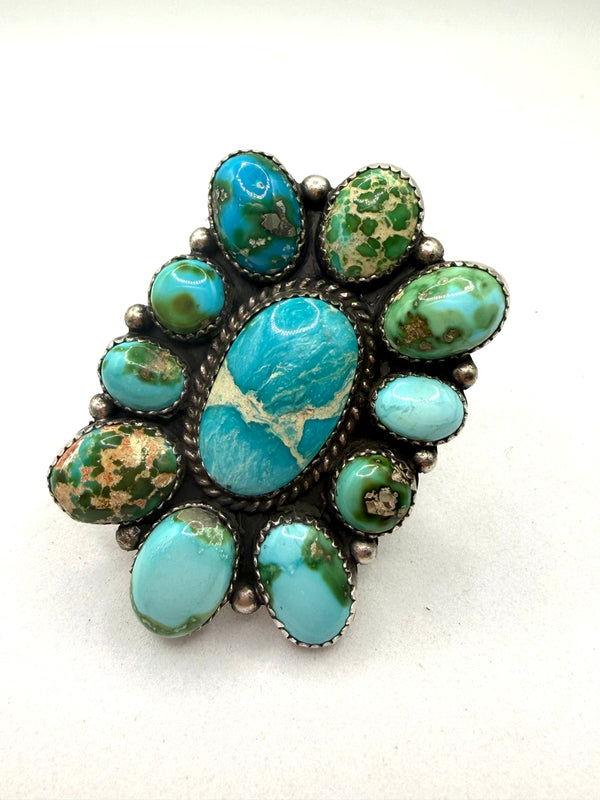 A. SPENCER SONORAN GOLD TURQUOISE CLUSTER NATIVE HANDMADE ADJUSTABLE RING (LA 14)