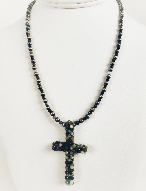 NAVAJO PEARLS BEADED CROSS NECKLACE 18-20"