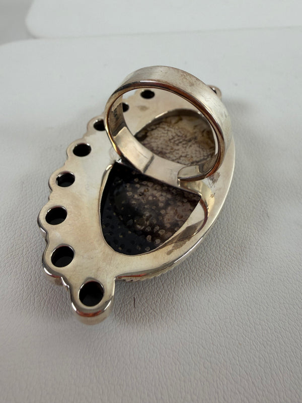 BLACK ONYX HALF CLUSTER OCEAN JASPER STERLING SILVER ADJUSTABLE RING (MW 406)
