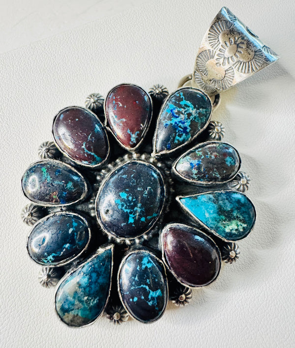 NATIVE HANDMADE PERSIAN TURQUOISE CLUSTER STATEMENT PENDANT BY T. NEZ. SR. 3" (JR 12)