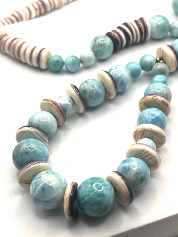NATIVE HANDMADE WAMPUM & LARIMAR JOCLA 24" 5" DROP (MK 9)