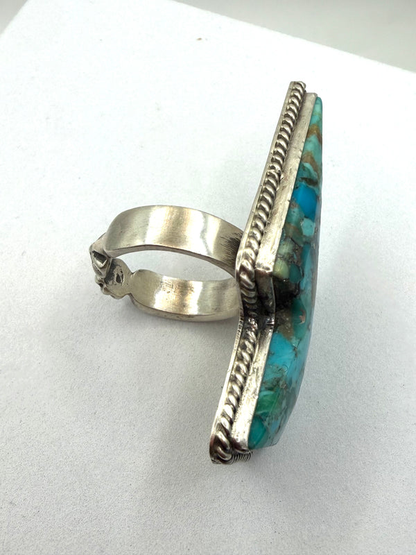 PATRICK YAZZIE NATIVE HANDMADE MORENCI TURQUOISE LIGHTNING BOLT ADJUSTABLE RING (NP 30)