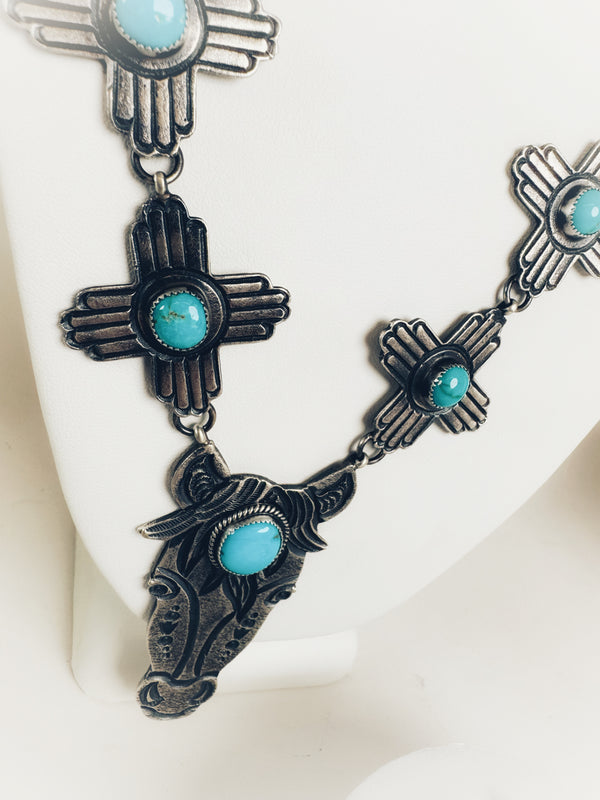 KEVIN BILLAH KINGMAN TURQUOISE ONE-OF-A-KIND LARIAT 22” & EARRINGS COMBO