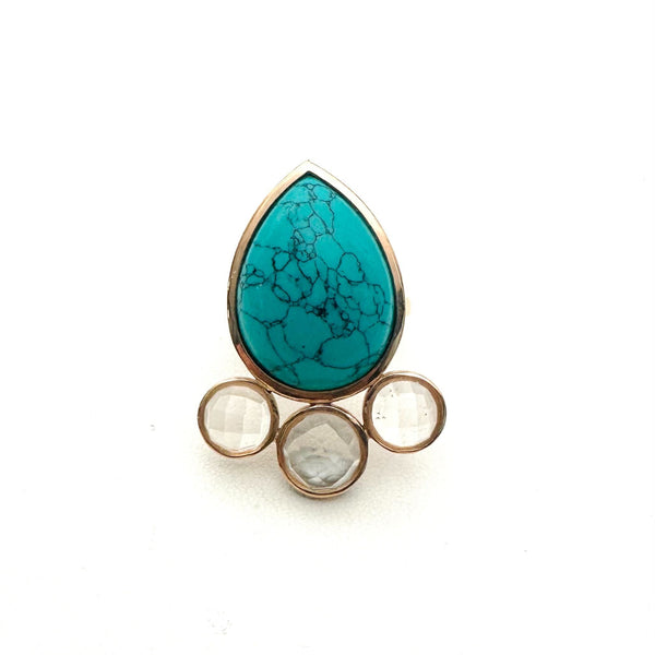 KINGMAN TURQUOISE & FACETED WHITE QUARTZ ADJUSTABLE RING (DF18)