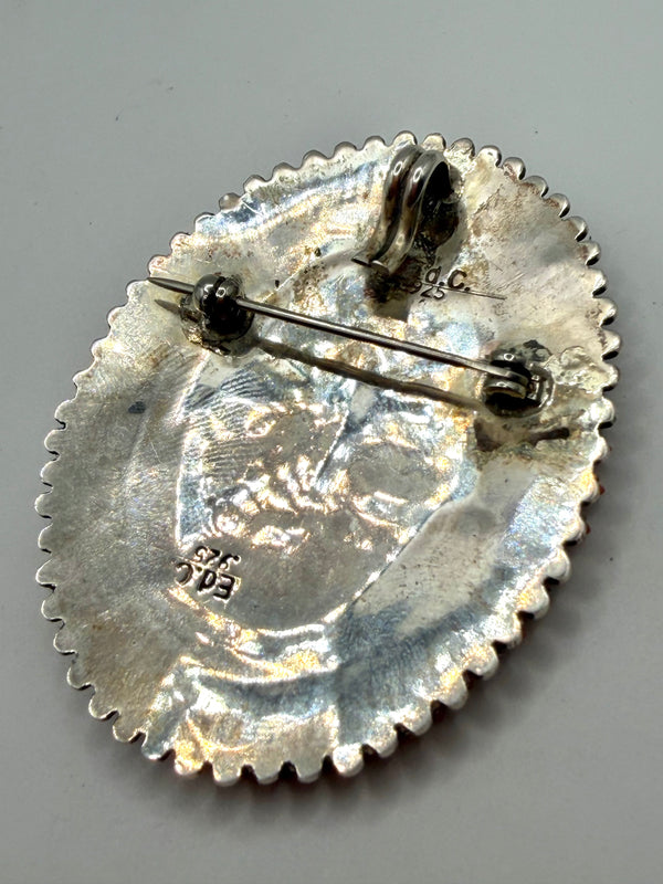 NATIVE HANDMADE MEDITERRANEAN CORAL NEDDLE POINT OVAL PIN & PENDANT BY EDMUND COOYEATE 2 1/8" (MW 448)
