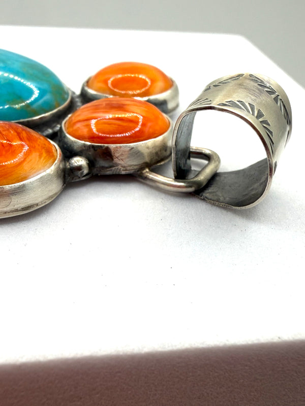 JUSTINE TSO NATIVE HANDMADE ORANGE SPINY OYSTER CLUSTER & KINGMAN TURQUOISE PENDANT 3" (LL 28)
