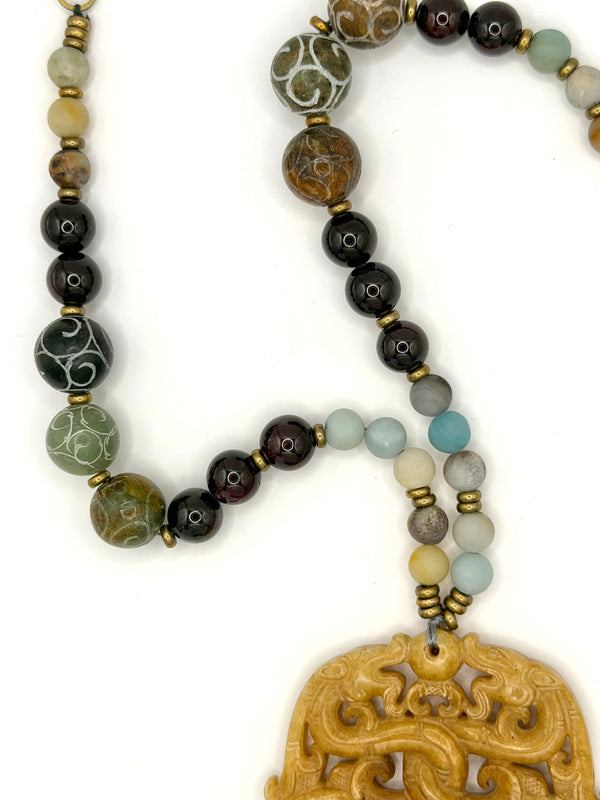HAND CARVED JADE & MALA GARNET & AMAZONITE HARMONY NECKLACE 40" (MW 439)