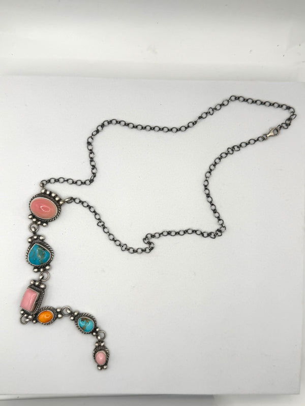 VICKY HICKS MULTISTONES DROP (6.5") NECKLACE NATIVE HANDMADE ADJ 20" (LA 20)