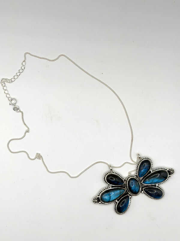 HIGH-FLASH LABRADORITE CLUSTER FLOWER ADJUSTABLE NECKLACE 18-20" (JR 125)